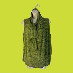 Susan Lawrence Career Blouse Top Lime Green Black Brushed Neck Tie Sleeveless XL